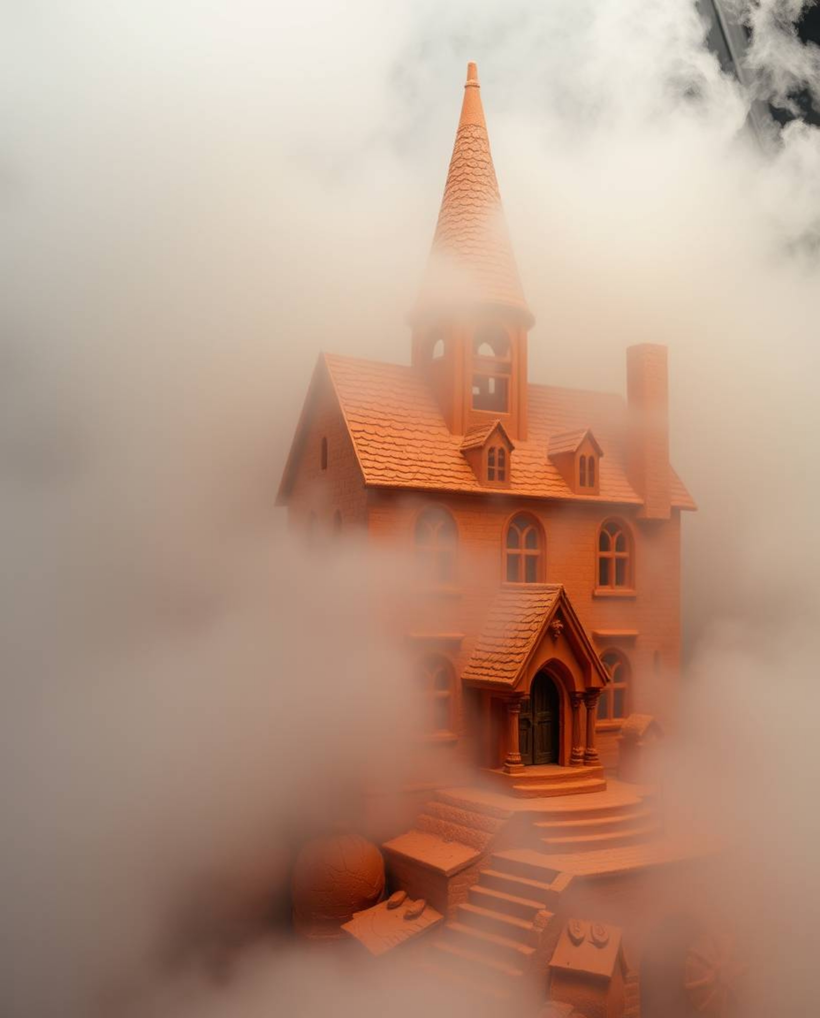 A captivating clay sculpture depicts a magical school shrouded in thick fog, its warm-toned reds, oranges, and yellows creati