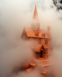 A captivating clay sculpture depicts a magical school shrouded in thick fog, its warm-toned reds, oranges, and yellows creati