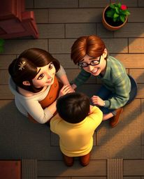 Experience a heartwarming family reunion rendered in the iconic Pixar style, presented from an overhead, bird's-eye view. Thi