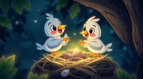 A captivating animation showcasing two cartoon birds constructing a nest in a classic style.  The scene is enhanced by vibran