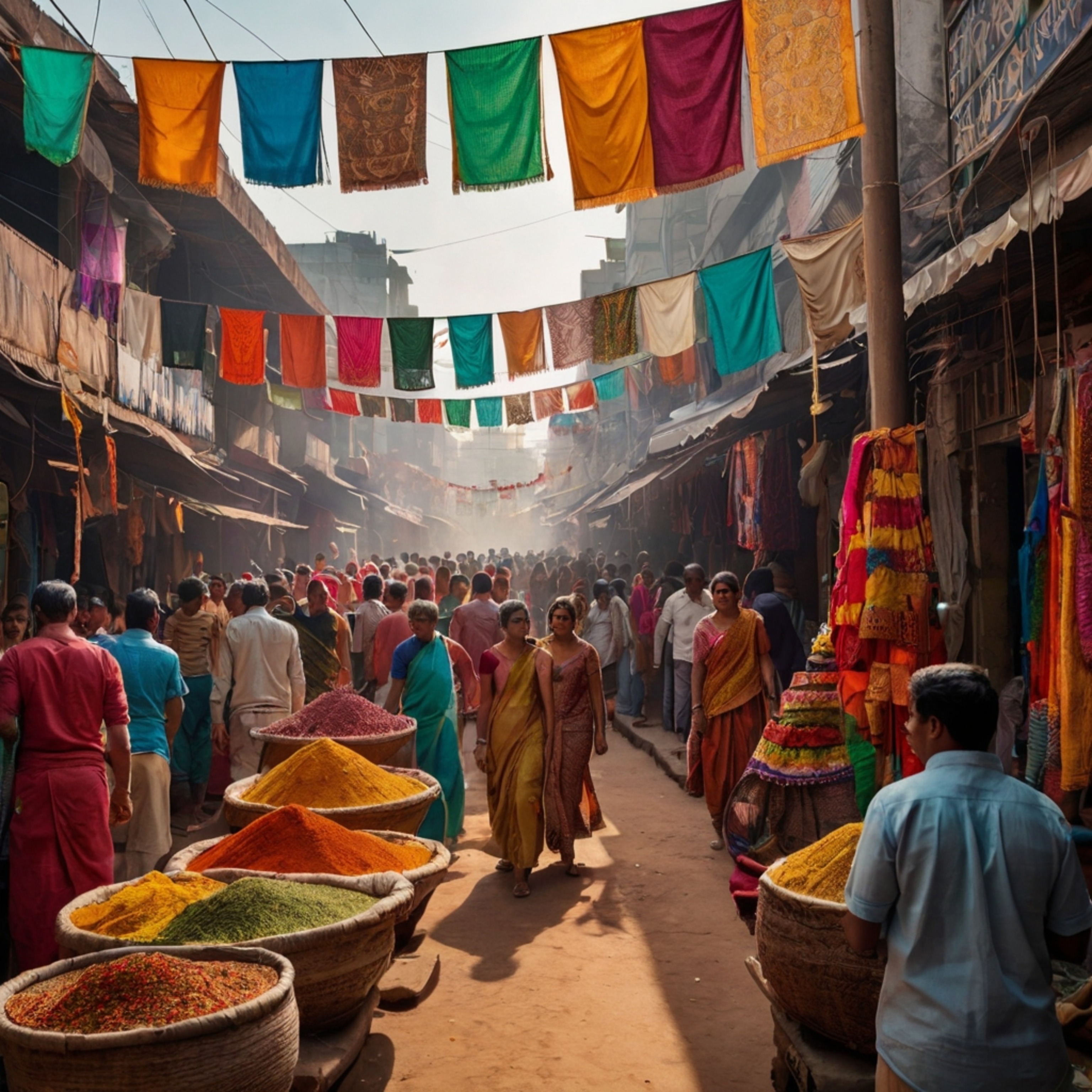 Experience the vibrant energy of an Indian market street, a sensory explosion of color and life.  Imagine colorful textiles d