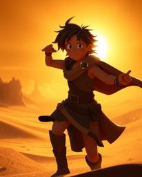 Embark on a vibrant desert adventure with a brave Disney-style hero. Experience the warm golden glow and striking chiaroscuro