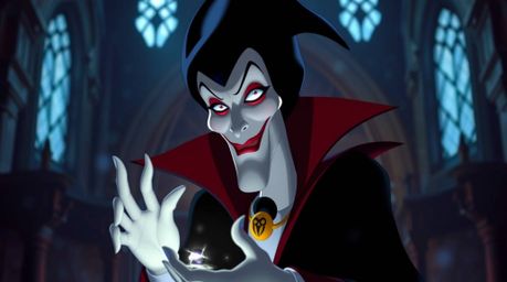 A classic Disney villain, distinguished by sharp features and pale skin, is depicted casting a spell inside an ancient, dimly