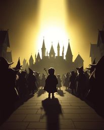 Immerse yourself in a breathtaking scene of a magical school teeming with young wizards, silhouetted against a radiant light 