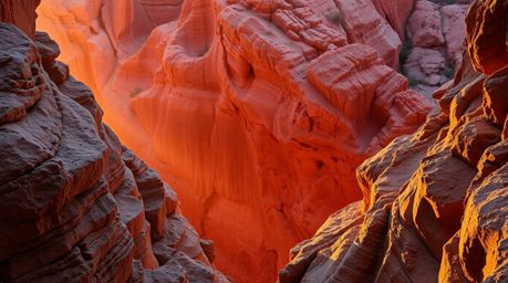 Experience the breathtaking beauty of a rocky canyon bathed in the warm glow of golden hour light.  The rugged textures are s