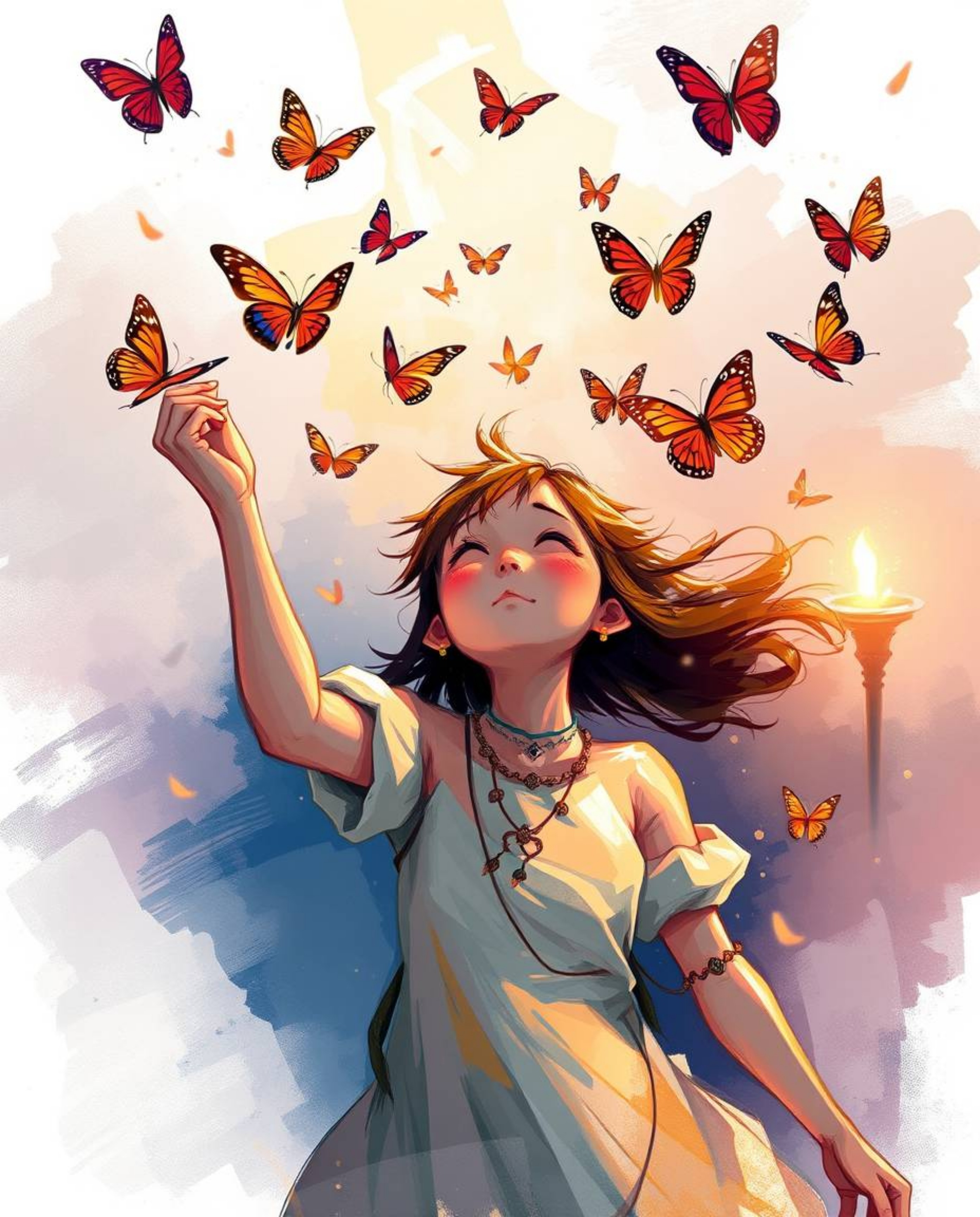 A dynamic digital sketch portrays a girl releasing butterflies into the air, rendered with loose painterly strokes and rich c