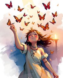 A dynamic digital sketch portrays a girl releasing butterflies into the air, rendered with loose painterly strokes and rich c