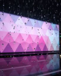 A captivating image showcasing a wet, rainy scene featuring a geometric pattern wallpaper with pastel gradients.  The soft, m