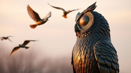 This captivating cast bronze sculpture depicts a Pixar-style blind owl in a moment of profound instruction, guiding birds to 