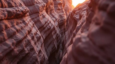 Experience the serene beauty of a rocky canyon captured in a tight close-up, bathed in the warm and inviting hues of a settin