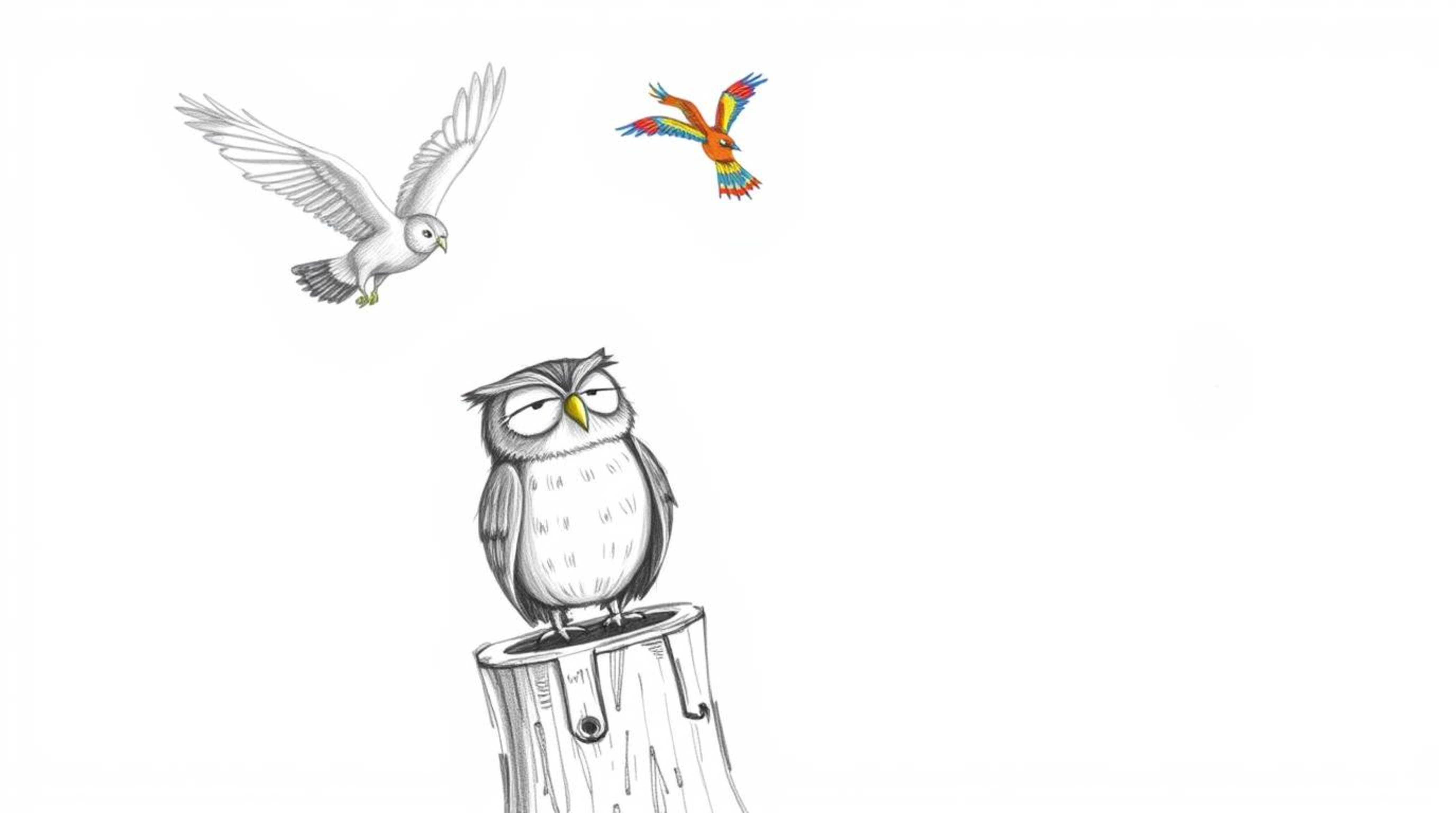 A charming, hand-drawn sketch in the style of Pixar depicts a blind owl with expressive, slightly wrinkled features, perched 