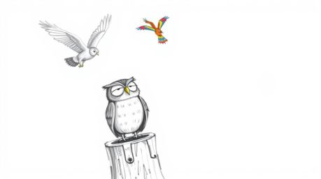 A charming, hand-drawn sketch in the style of Pixar depicts a blind owl with expressive, slightly wrinkled features, perched 