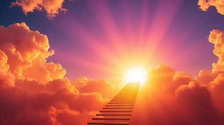 A breathtaking scene unfolds: a silhouetted golden staircase ascends through vibrant clouds towards a glowing heaven, bathed 