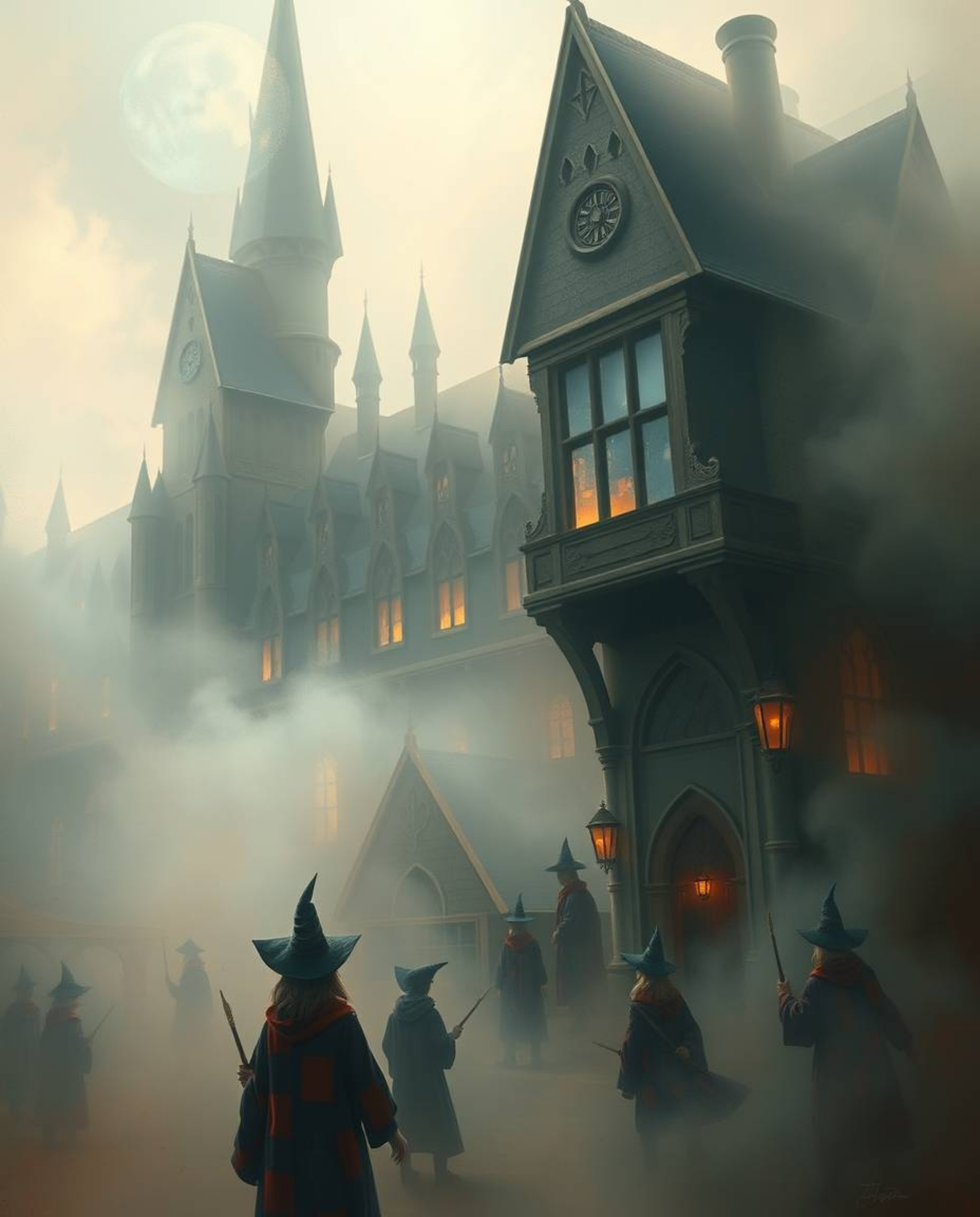 Immerse yourself in a dreamy painting depicting a magical school teeming with young wizards. Enveloped in thick fog and bathe