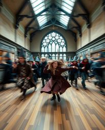 An unusual and original fine art photograph depicts a dynamic, in-motion magical school brimming with young wizards.  The ima