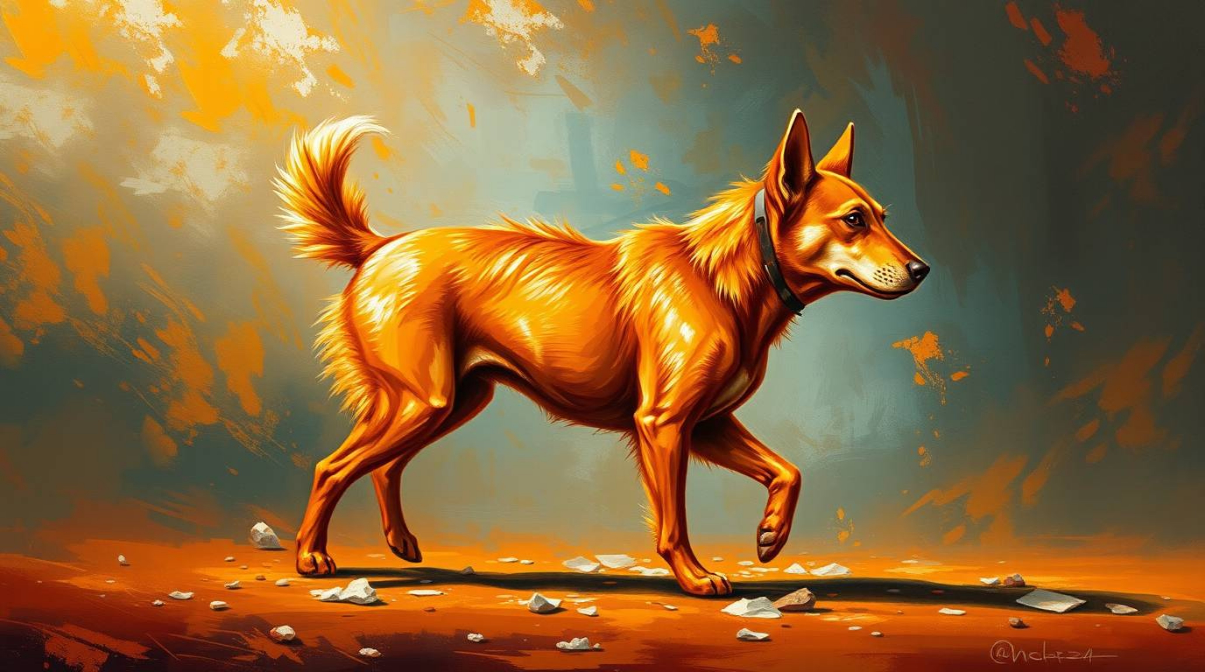 A captivating oil painting depicts a futuristic dog autonomously walking through the vast expanse of space.  The artwork feat