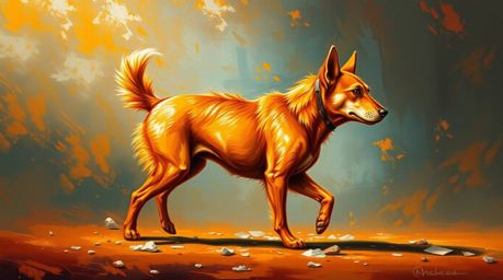 A captivating oil painting depicts a futuristic dog autonomously walking through the vast expanse of space.  The artwork feat