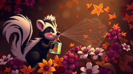 A charming cartoon depiction of a skunk playfully spraying perfume onto flowers amidst the warm, earthy tones of autumn. The 