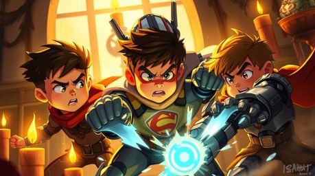 Witness a captivating digital painting depicting three superpowered children with vibrant autumnal skin tones battling a meta