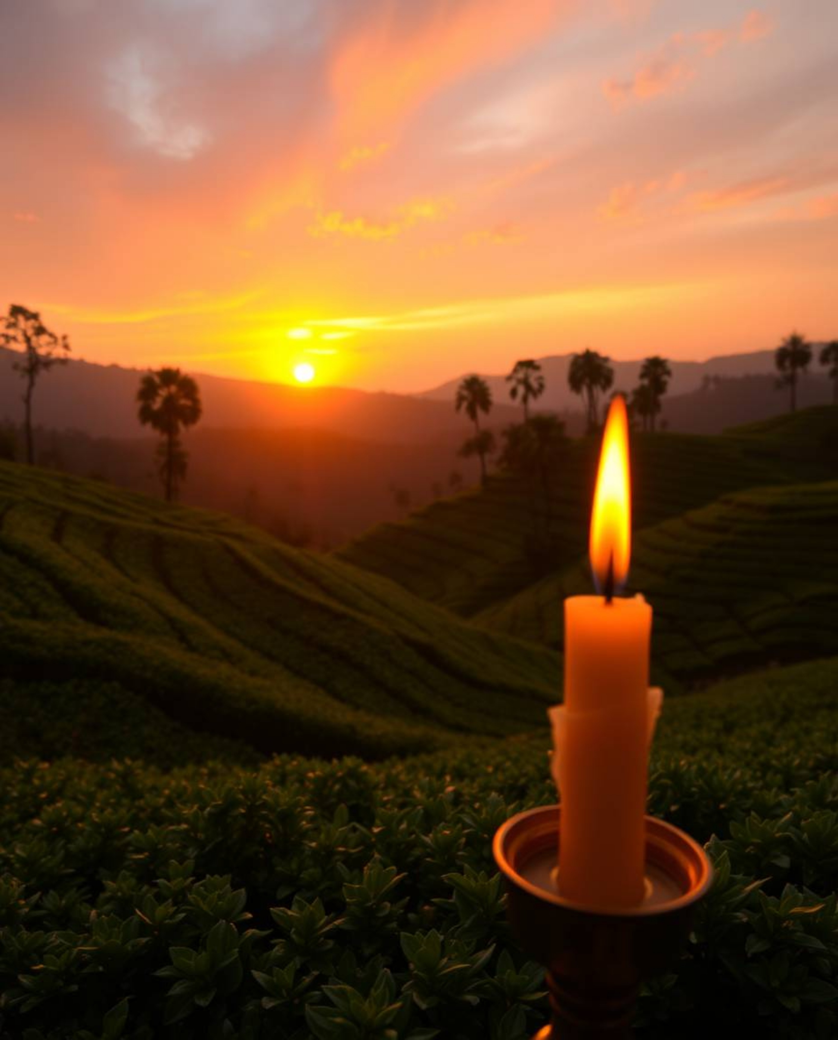 This artwork depicts a vibrant sunset over terraced tea plantations, utilizing a palette of warm, complimentary colors to cre