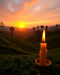 This artwork depicts a vibrant sunset over terraced tea plantations, utilizing a palette of warm, complimentary colors to cre