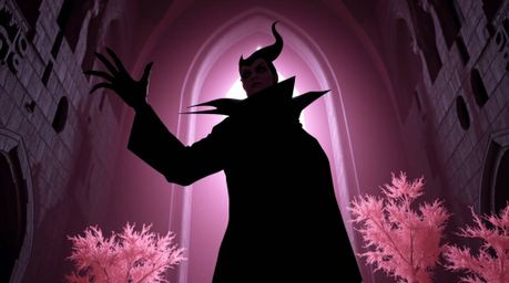 A classic Disney villain, silhouetted against dramatic backlighting, casts a spell within an ancient, gothic castle. Captured