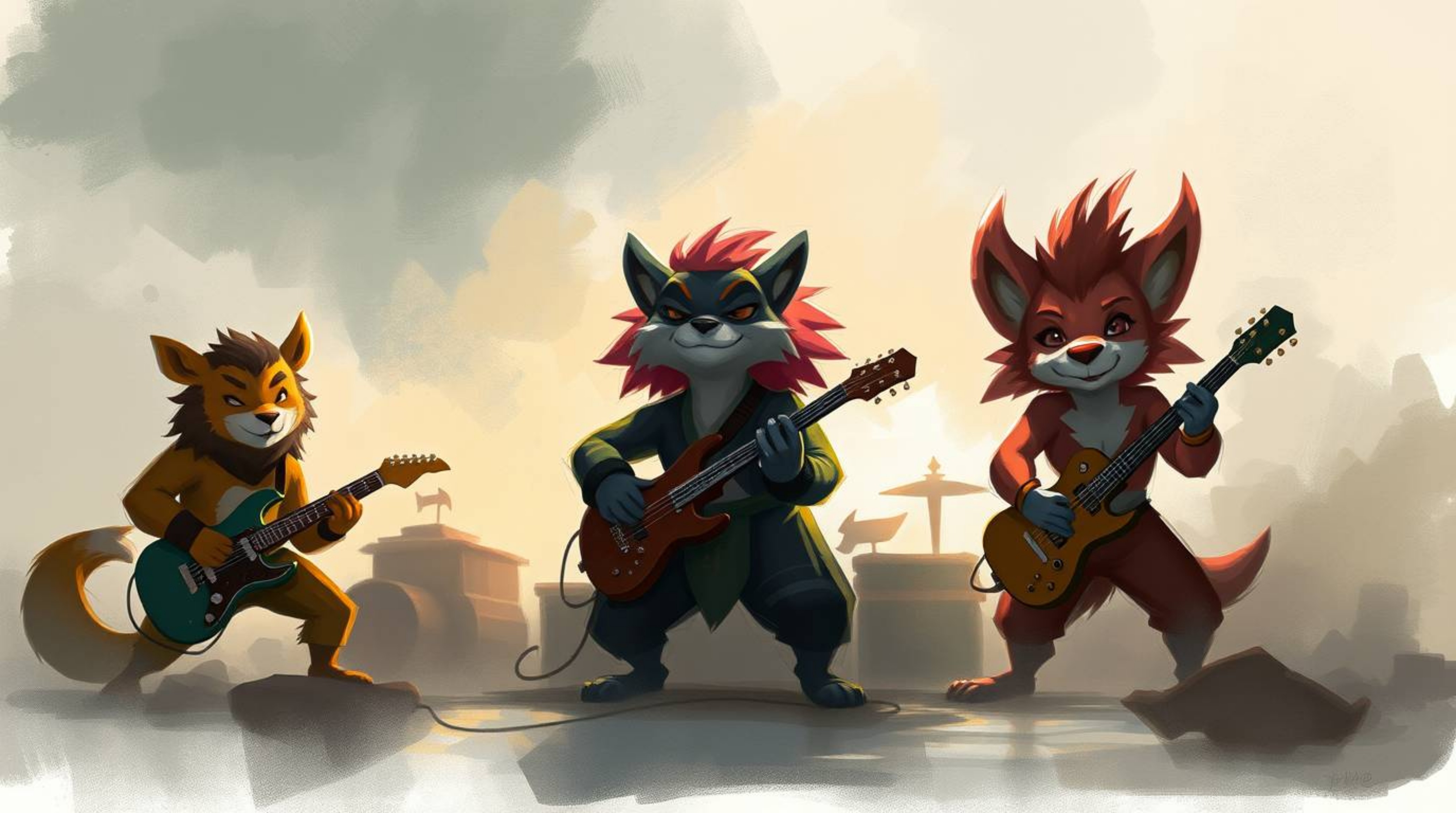 Experience the raw energy of a cartoon animal rock band in this unfinished concept art piece. Rendered in a painterly style w