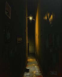 A captivating oil painting depicting eyes observing from the gloom of a dark alley at night. The artwork masterfully employs 