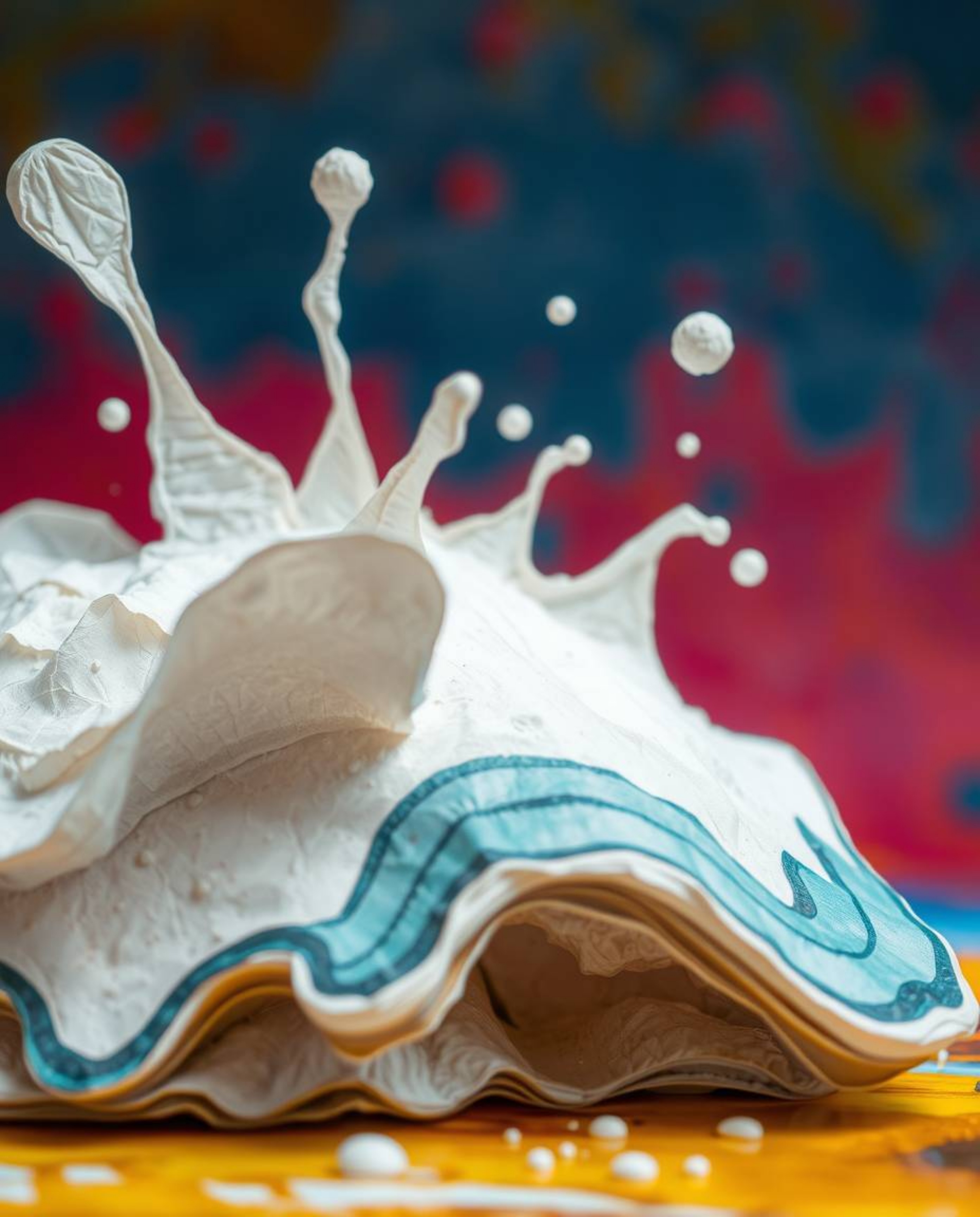 Explore a collection of abstract art featuring layered papier-mâché sculptures brought to life with vivid ink in water splash