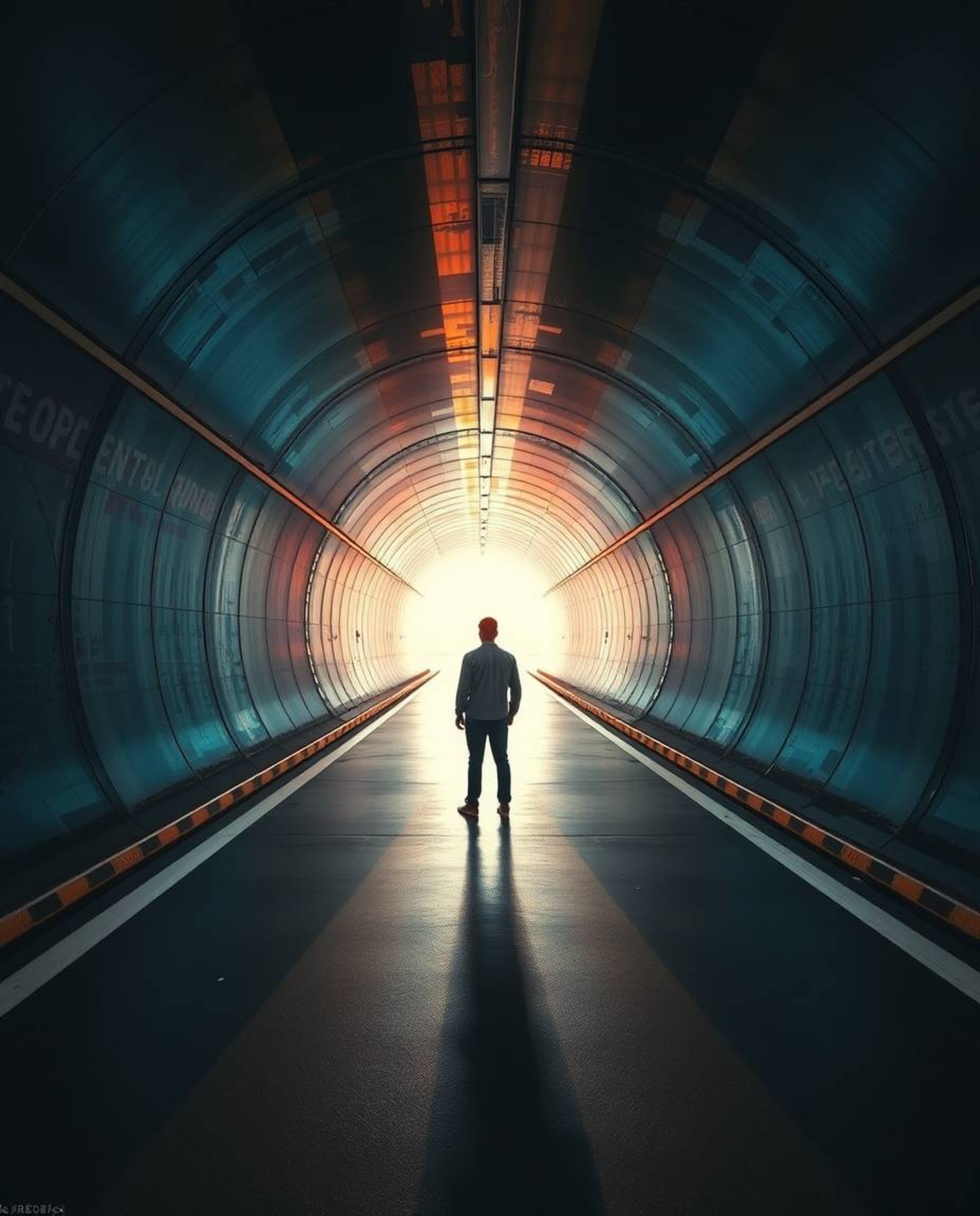 Stunning architectural photography showcasing a person standing at a tunnel's edge, bathed in light.  The image features vibr