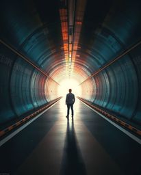 Stunning architectural photography showcasing a person standing at a tunnel's edge, bathed in light.  The image features vibr
