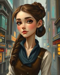 A stunning oil painting depicting a graceful and elegant young inventor girl with refined features, set against the backdrop 