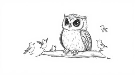 This Pixar-style hand-drawn sketch depicts a large, central blind owl resting peacefully while small birds joyfully circle ar