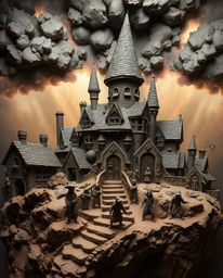 Discover captivating sculptural clay artwork depicting a magical school brimming with young wizards.  The piece features stor