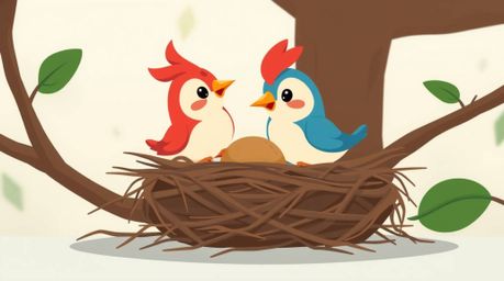 A charming close-up animation showcasing two cartoon birds diligently constructing a nest.  Rendered in a modern flat design 