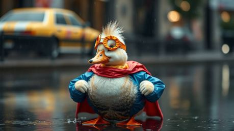 This high-resolution stock photo captures a whimsical scene of a duck dressed in a zany superhero costume, set against a wet 