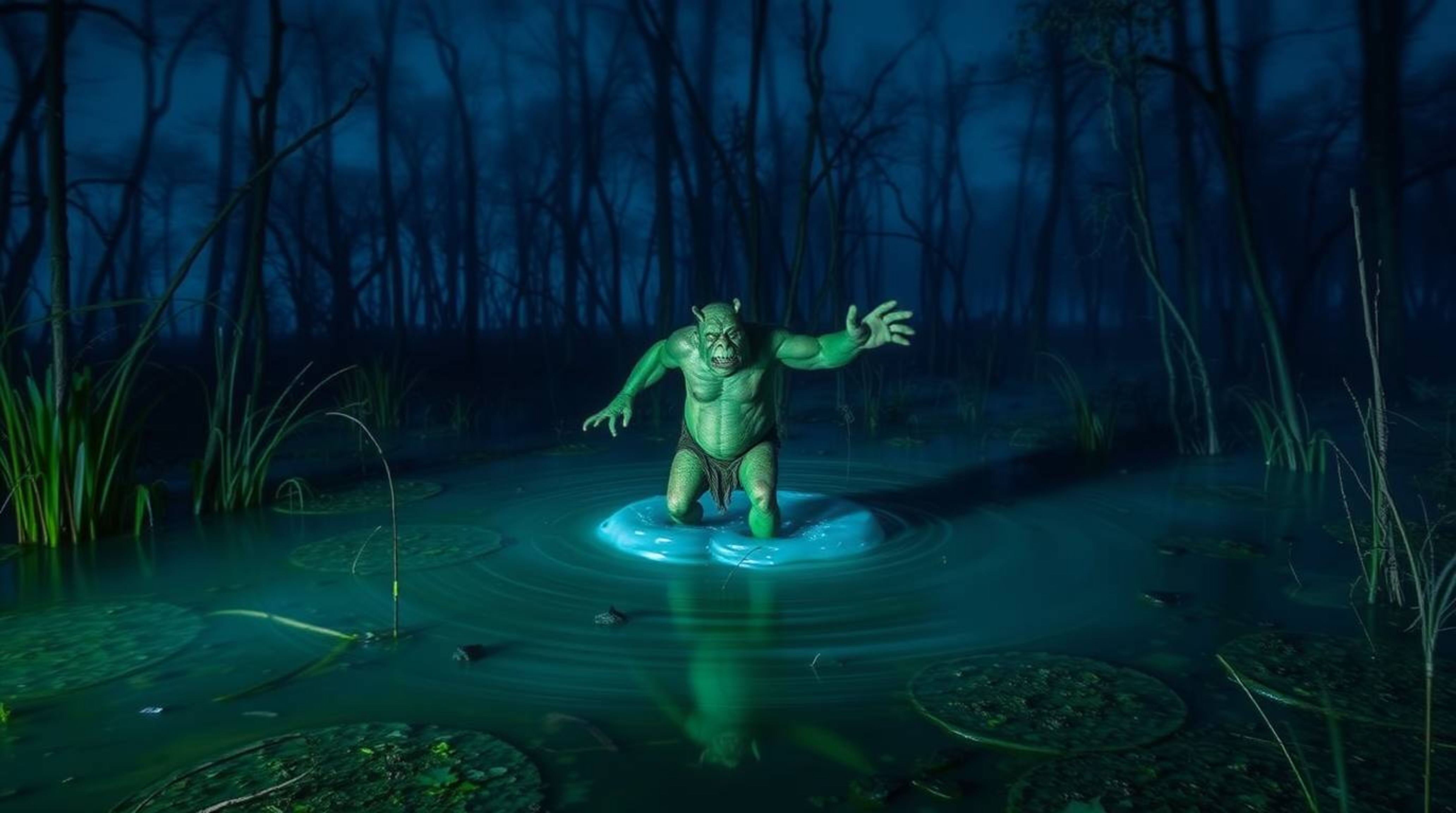 A captivating long-exposure photograph depicts an ogre performing a vibrant dance within a mystical swamp at night.  Cool blu