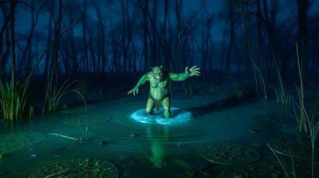 A captivating long-exposure photograph depicts an ogre performing a vibrant dance within a mystical swamp at night.  Cool blu