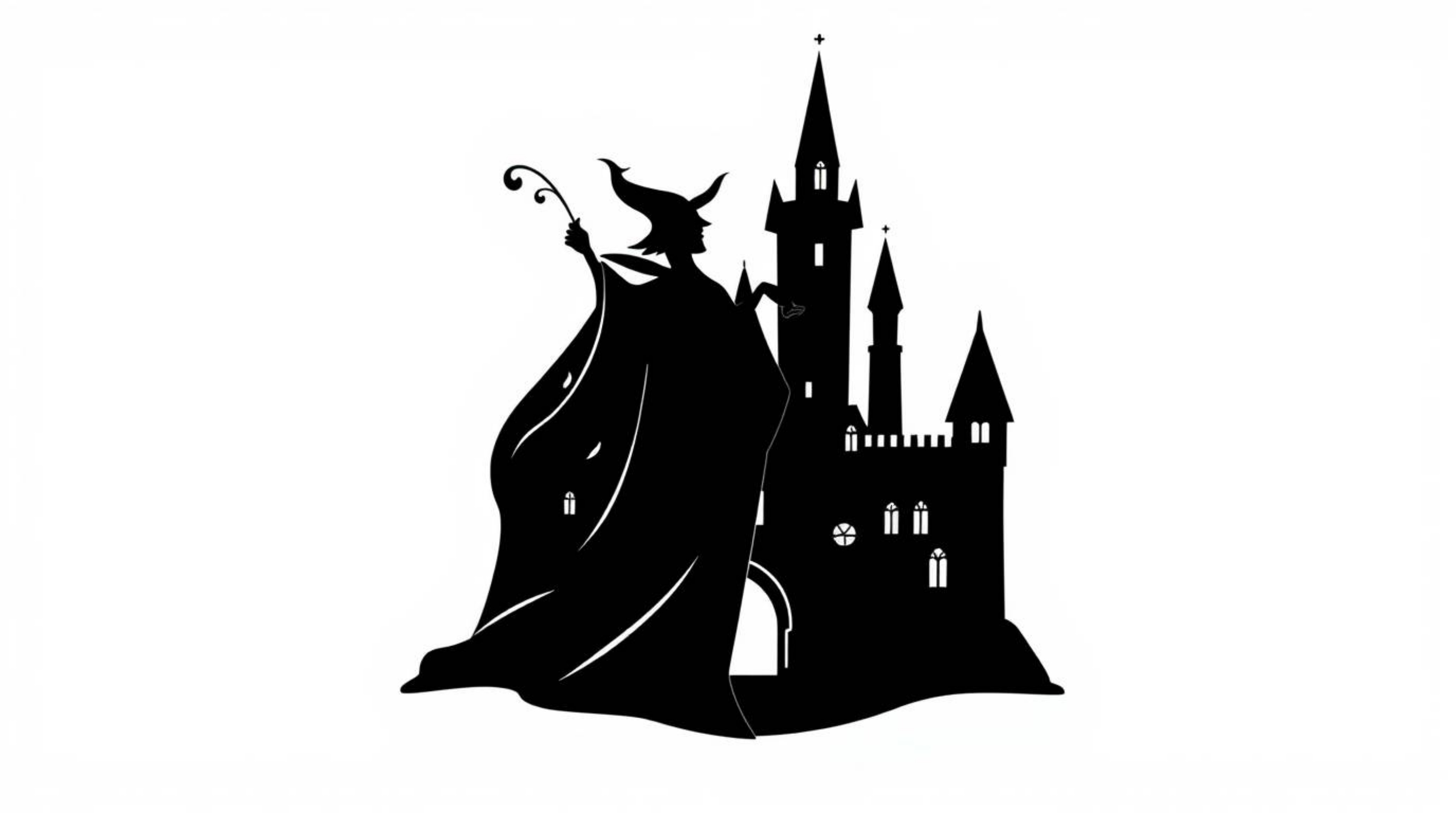 A timeless and elegant black and white logo depicts a classic Disney villain's silhouette casting a spell in an old castle.  