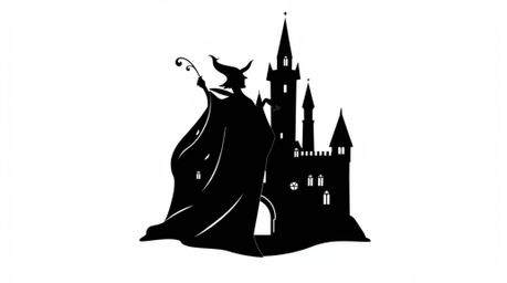 A timeless and elegant black and white logo depicts a classic Disney villain's silhouette casting a spell in an old castle.