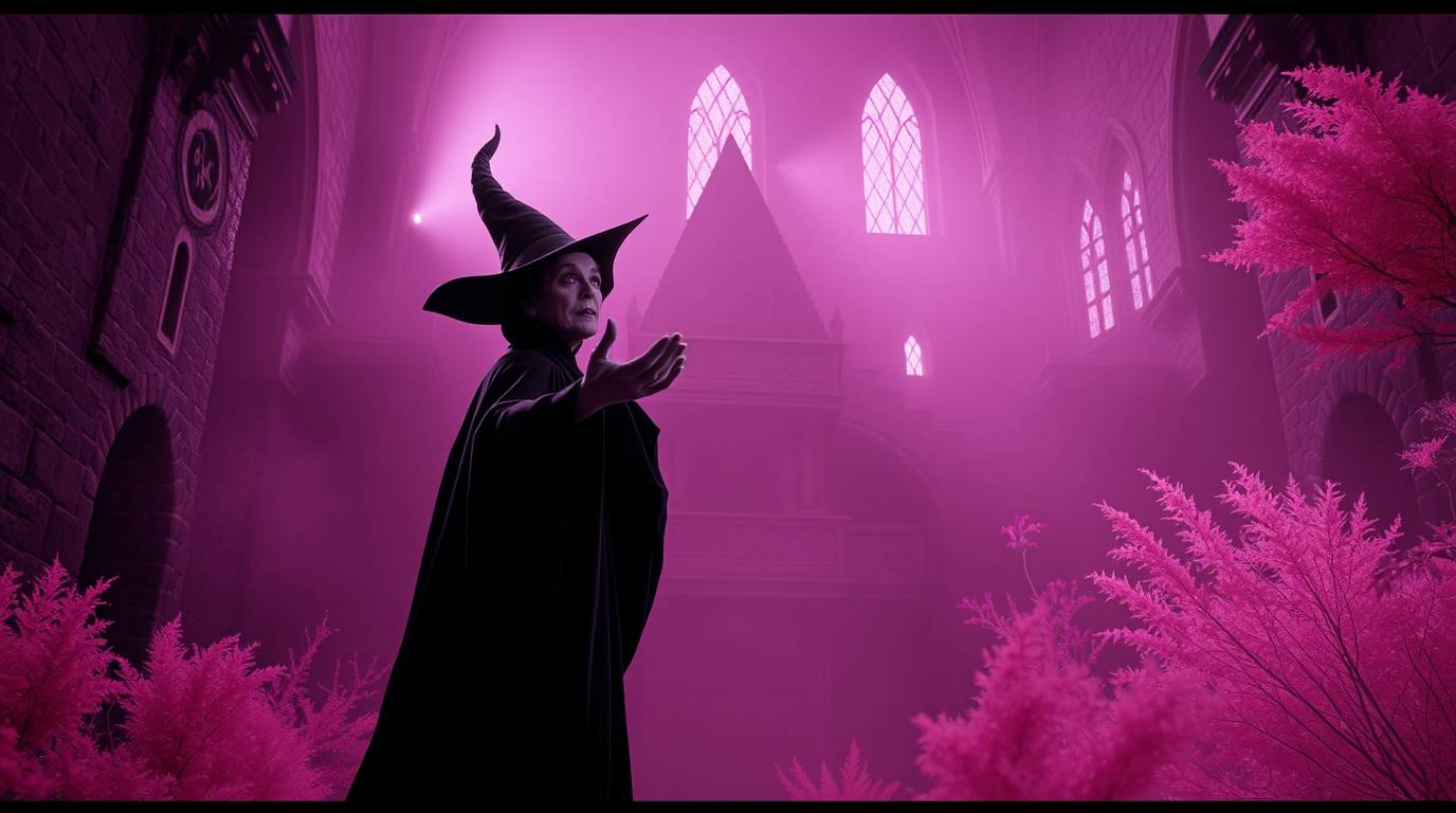 A classic Disney villain casts a spell within the ancient walls of a castle, bathed in the ethereal glow of soft, hazy infrar