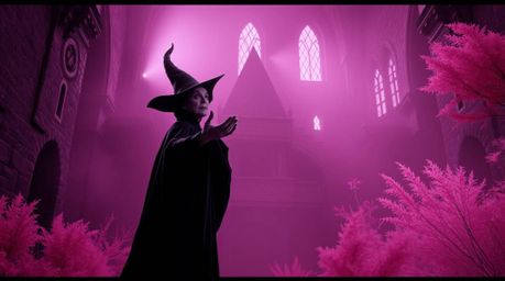 A classic Disney villain casts a spell within the ancient walls of a castle, bathed in the ethereal glow of soft, hazy infrar
