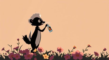A charming illustration of a cartoon skunk gracefully spraying perfume on flowers, rendered in an elegant, backlit style. The