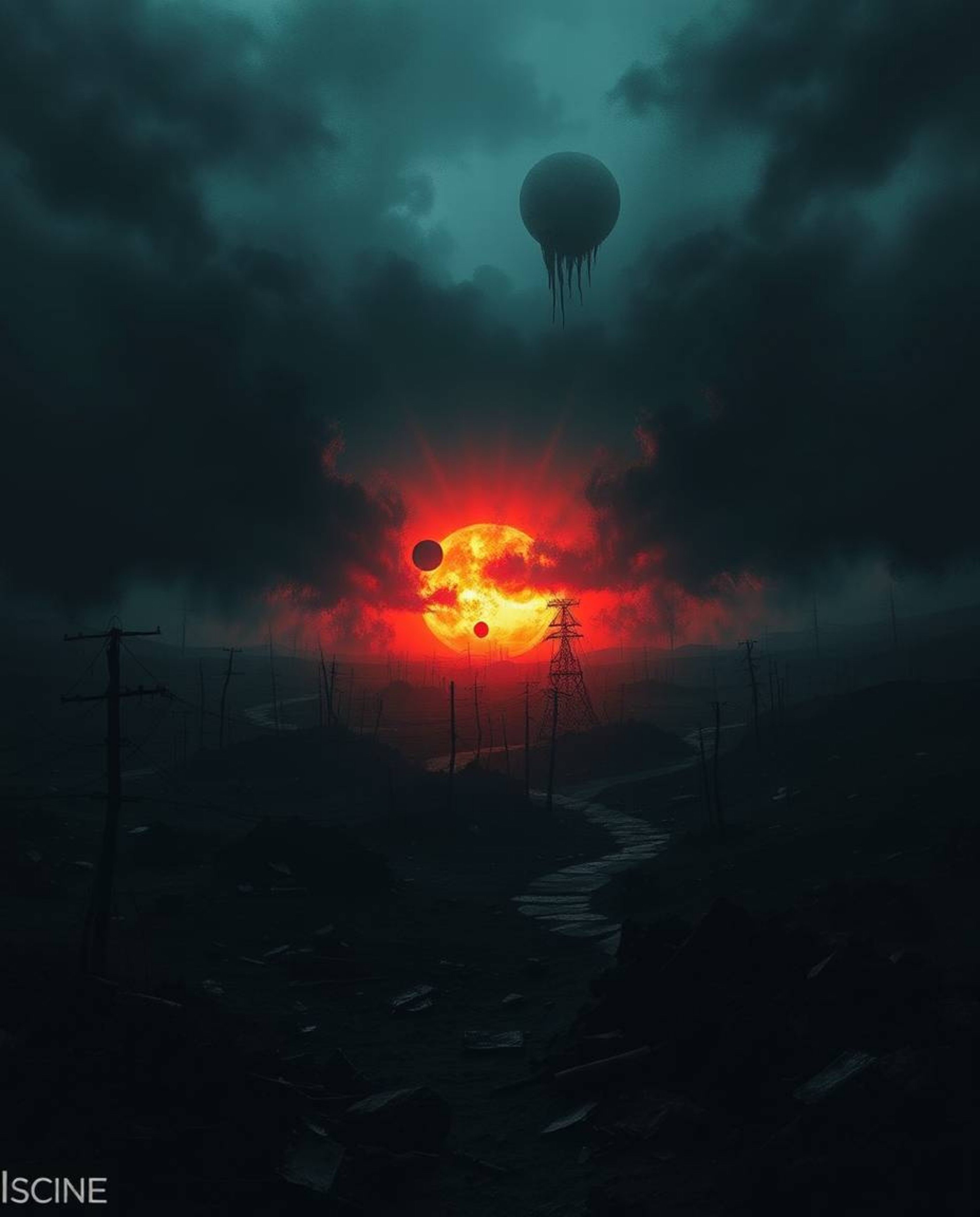 A captivating image depicting an eerie sunrise over a war-torn landscape.  The artwork features dark tones, unsettling detail