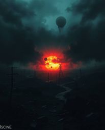 A captivating image depicting an eerie sunrise over a war-torn landscape.  The artwork features dark tones, unsettling detail