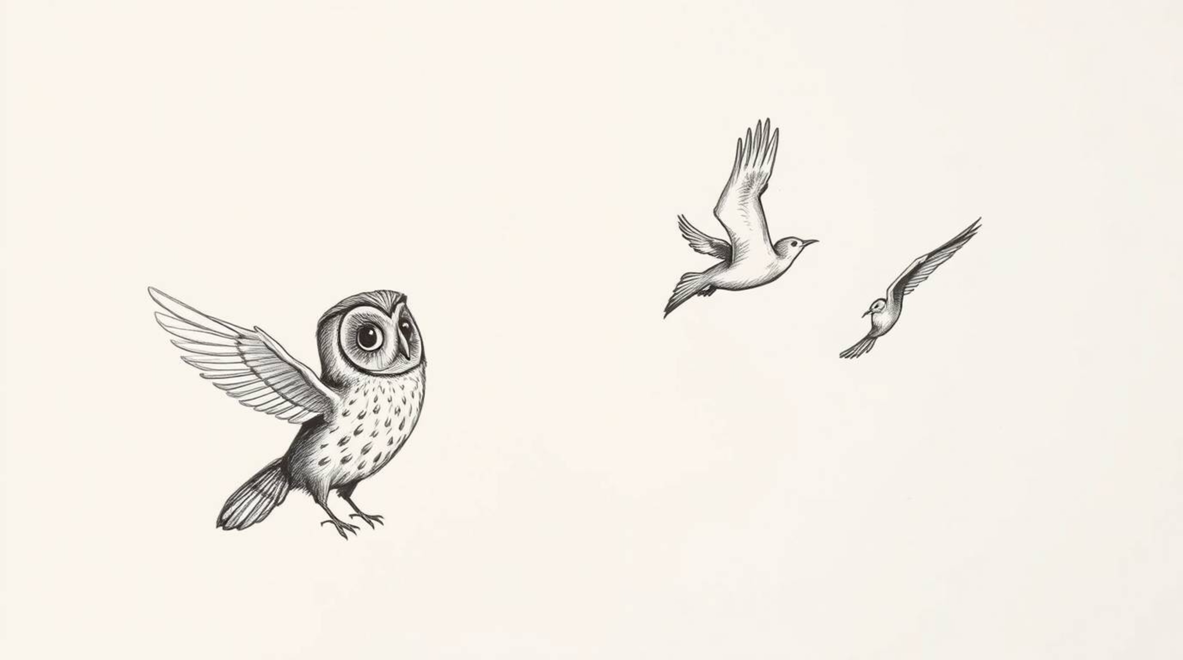 A charming hand-drawn sketch depicts a blind owl, rendered in Pixar style, ingeniously teaching birds to fly. Eschewing sight