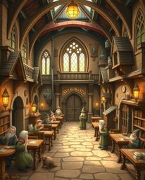 Immerse yourself in a magical school for young wizards, beautifully rendered in natural earth tones of browns, beiges, and mu