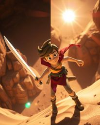 Embark on a vibrant Disney-style desert adventure with a brave hero! This top-down perspective showcases a distinct split com