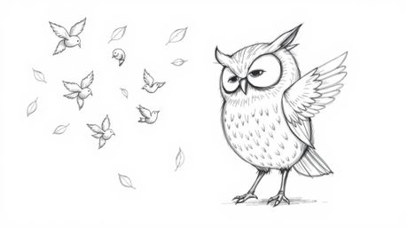 A heartwarming hand-drawn sketch reminiscent of Pixar animation depicts a blind owl with endearing, rounded features guiding 