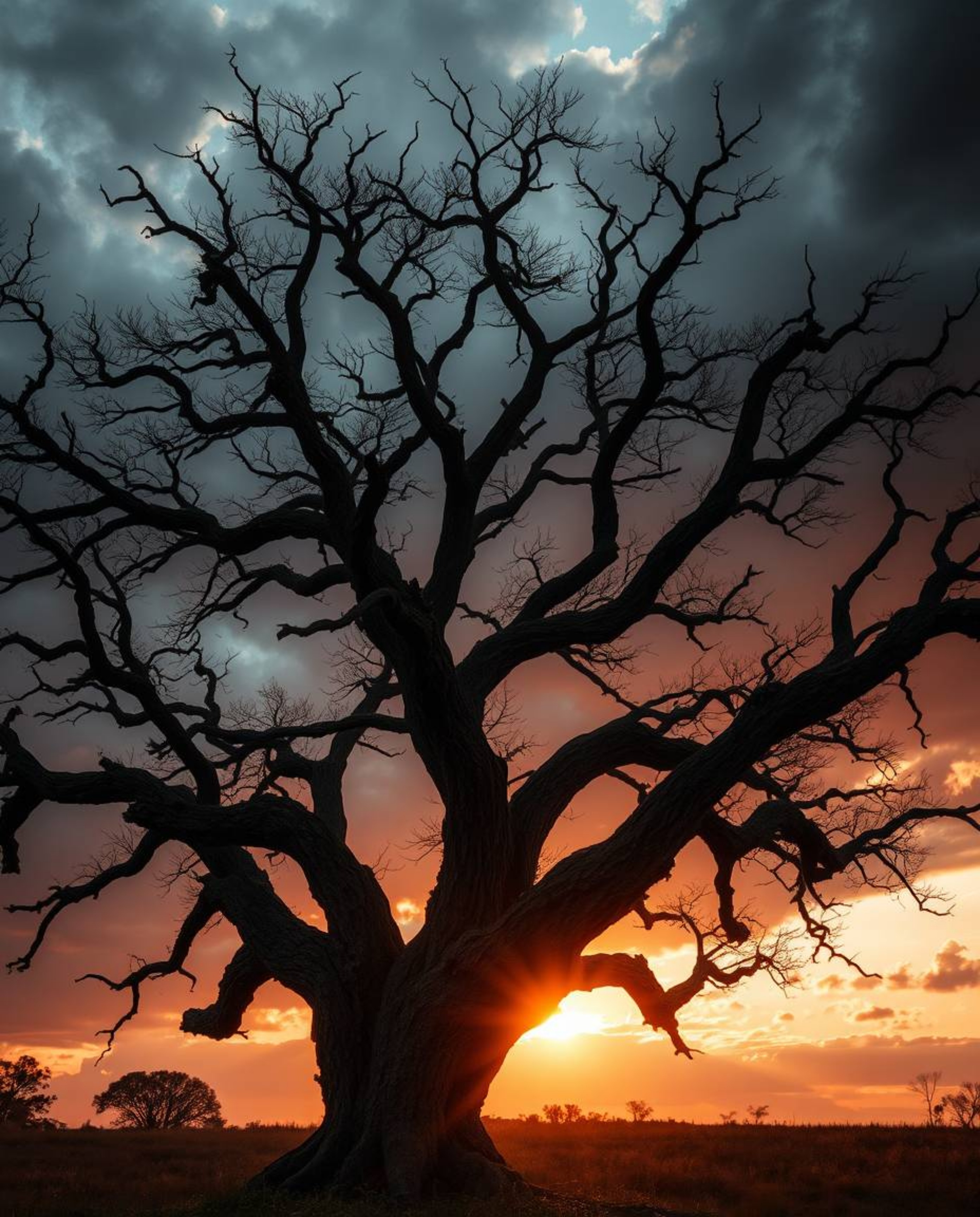 A cinematic-style photograph portraying a dramatic sunset behind an old oak tree with twisted branches. The scene is defined 